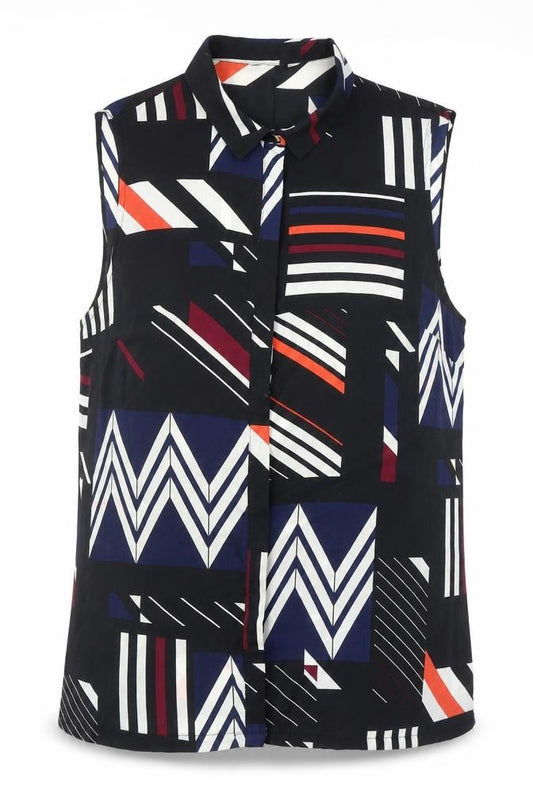 F&F Womens Black Geometric Polyester Basic Blouse Size 12 Collared