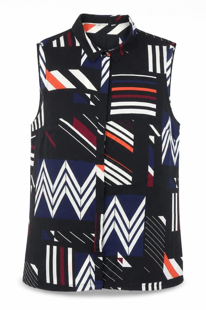 F&F Womens Black Geometric Polyester Basic Blouse Size 12 Collared