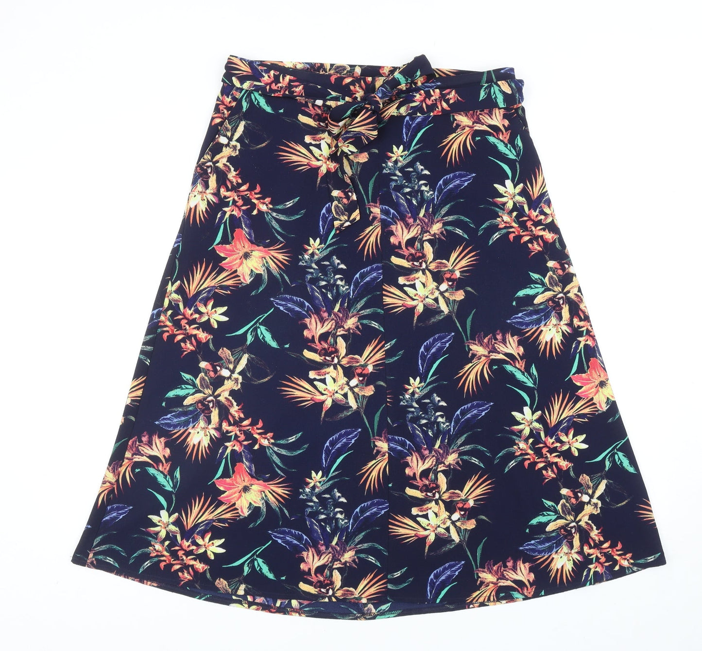 M&Co Womens Blue Floral Polyester Swing Skirt Size 12 Tie