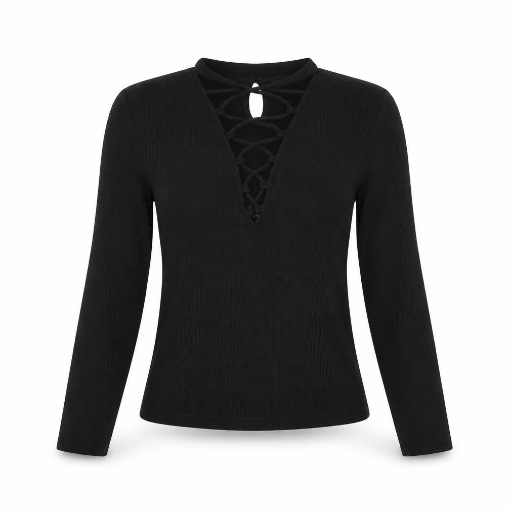 SheIn Womens Black Polyester Basic Blouse Size S V-Neck - Lace Up Front Detail