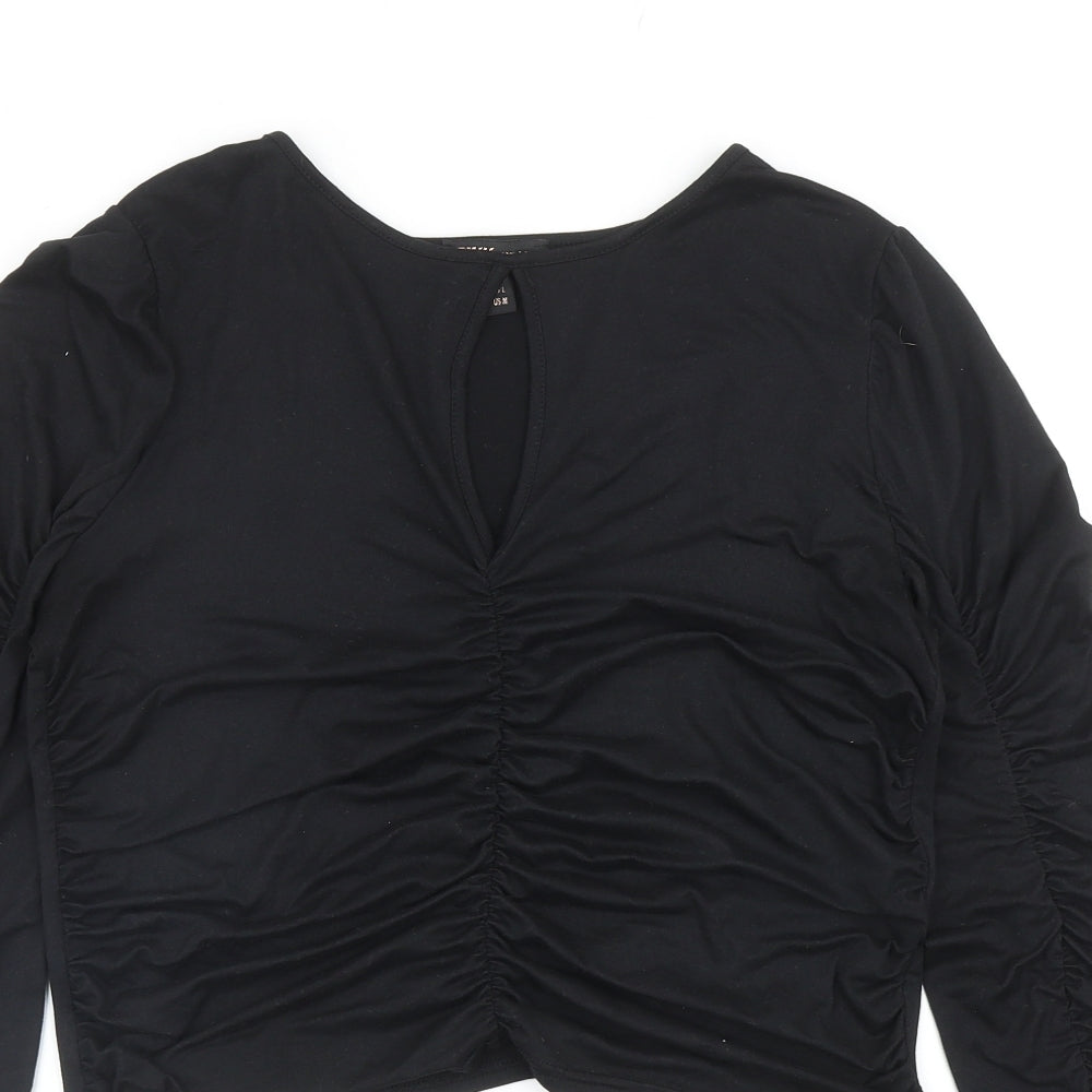Pink Vanilla Womens Black Polyester Basic Blouse Size L Round Neck - Ruched
