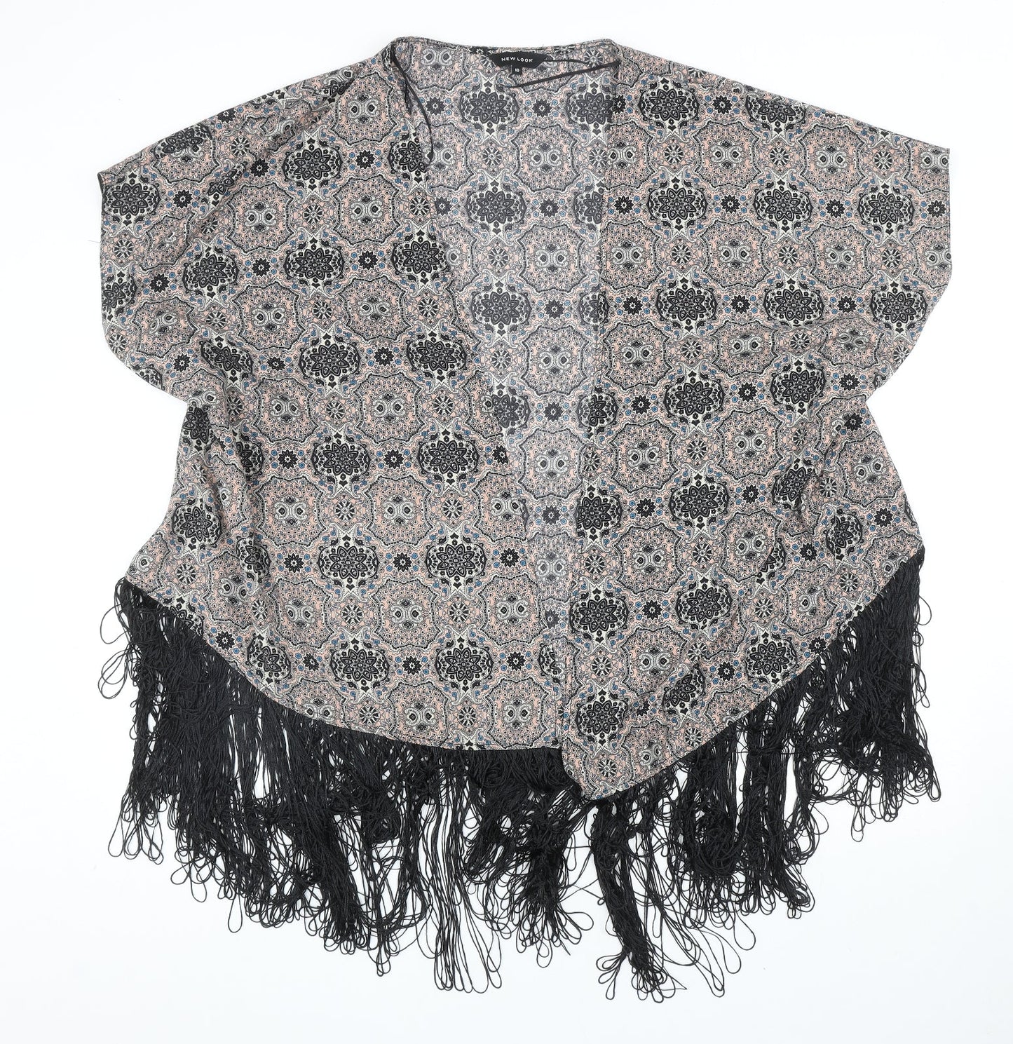 New Look Womens Black Geometric Polyester Kimono Blouse Size 10 V-Neck