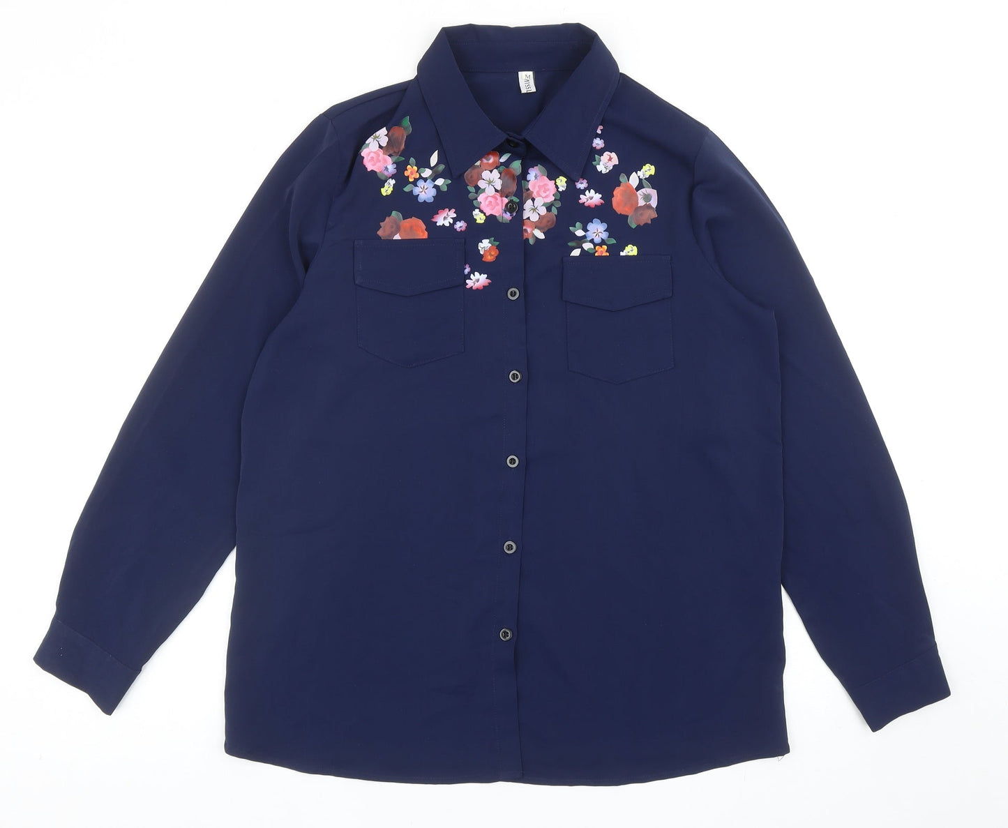 MissLook Womens Blue Polyester Basic Button-Up Size M Collared - Flower Detail