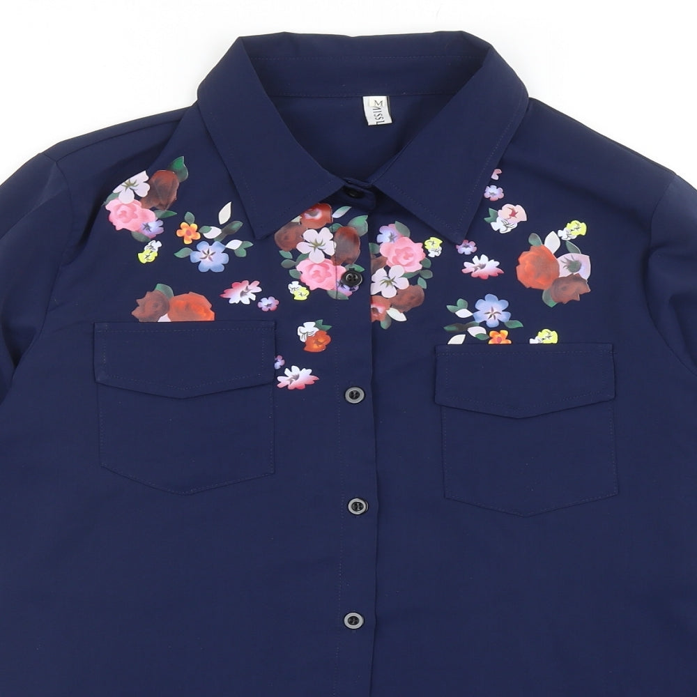 MissLook Womens Blue Polyester Basic Button-Up Size M Collared - Flower Detail