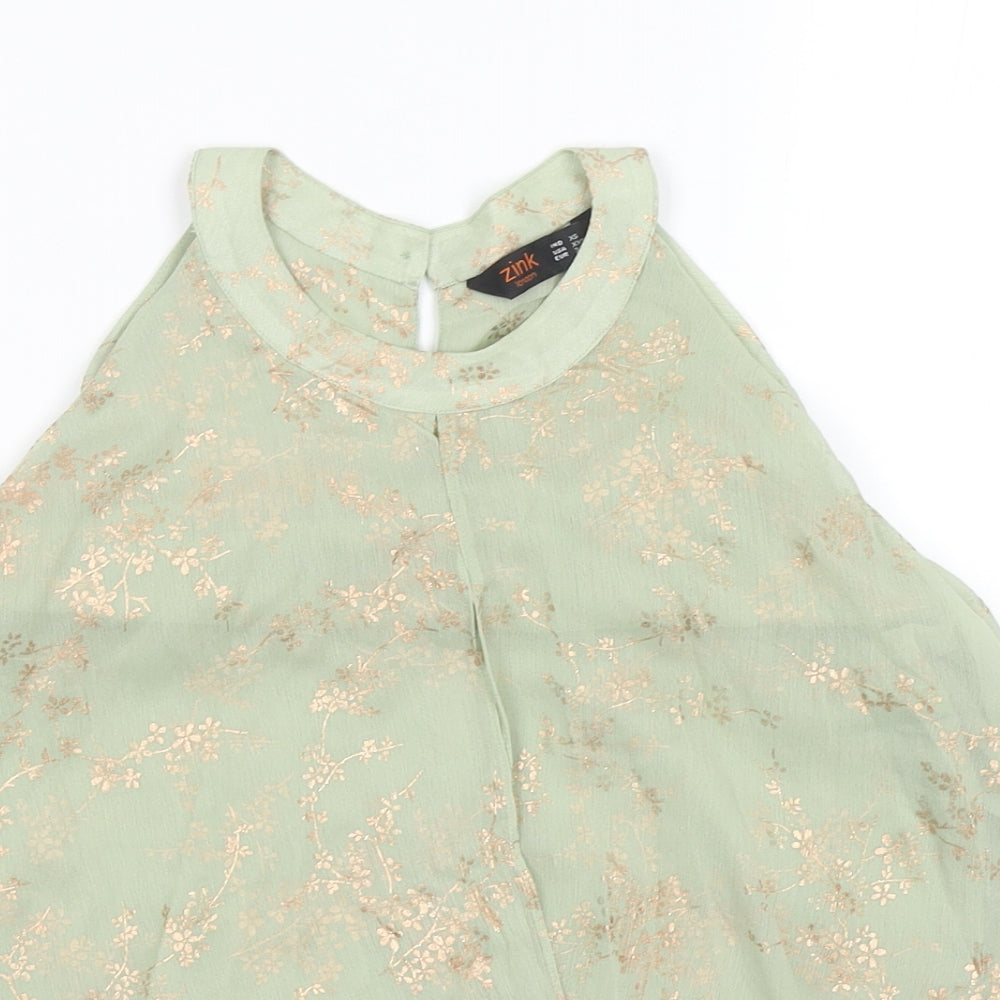 Zink Womens Green Floral Polyester Basic Blouse Size 6 Round Neck