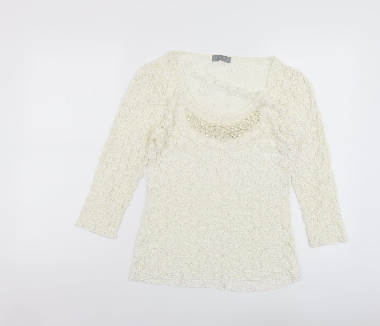 Per Una Womens Ivory Geometric Polyester Basic Blouse Size 12 Scoop Neck