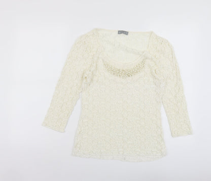 Per Una Womens Ivory Geometric Polyester Basic Blouse Size 12 Scoop Neck