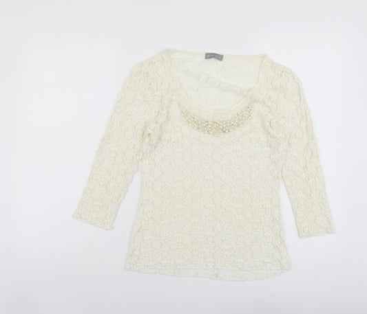 Per Una Womens Ivory Geometric Polyester Basic Blouse Size 12 Scoop Neck