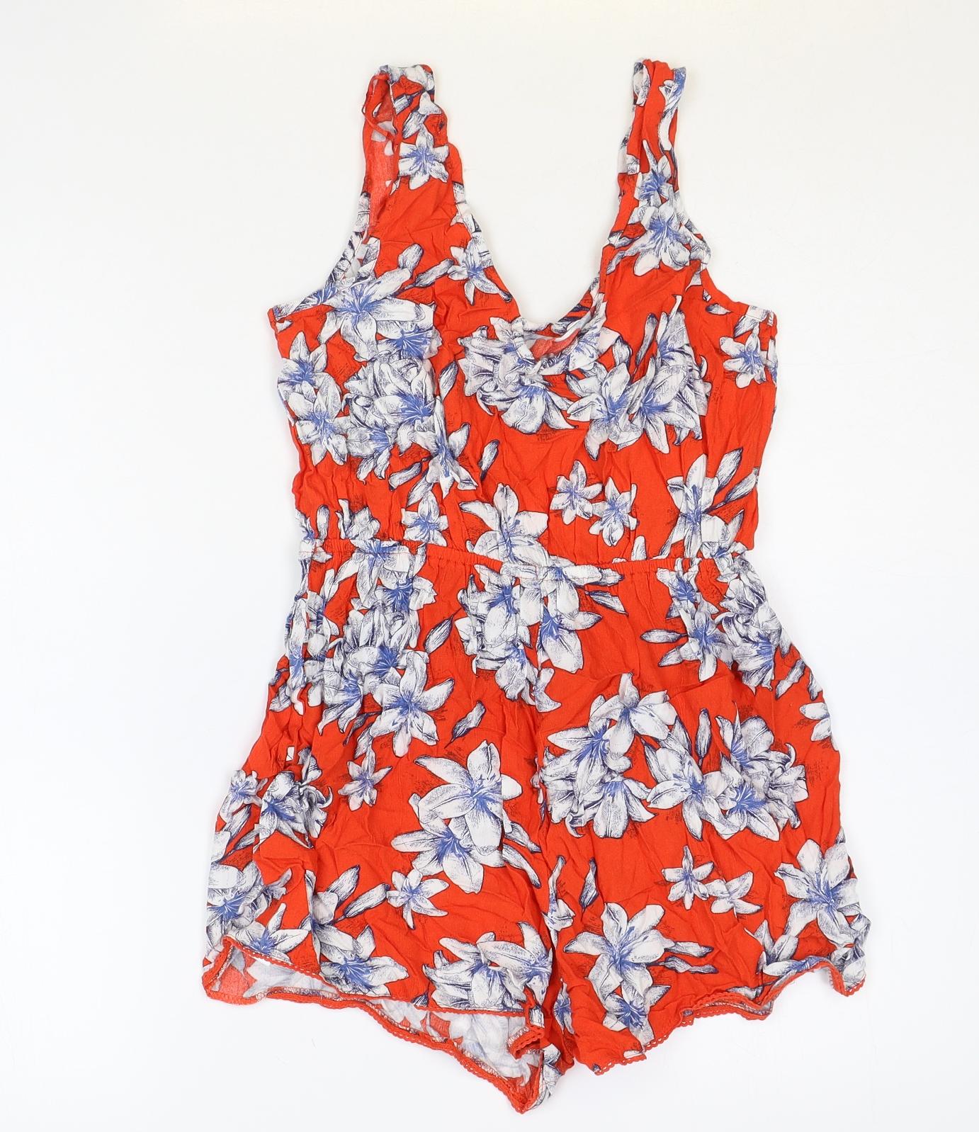 F&F Womens Red Floral Cotton Playsuit One-Piece Size 6 Pullover
