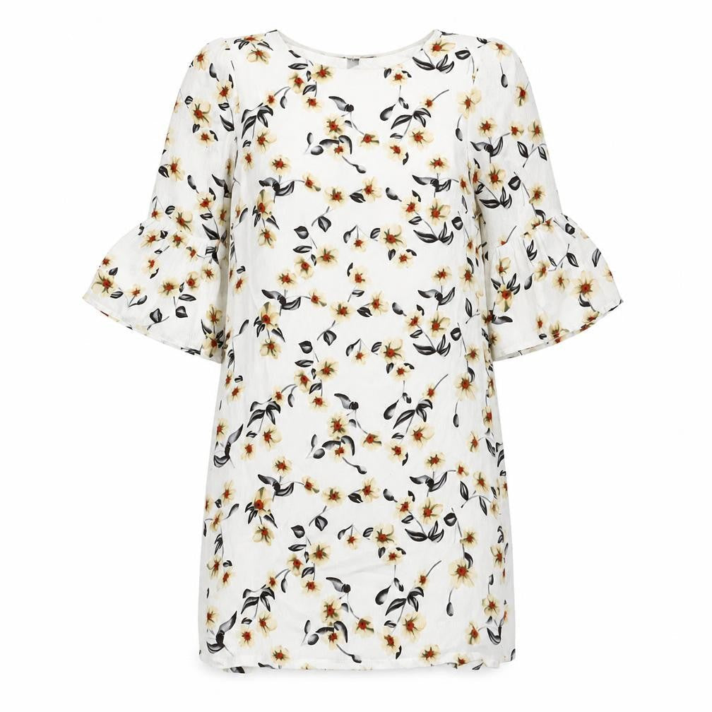 Iska Womens White Floral Polyester Shift Size 8 Round Neck Zip