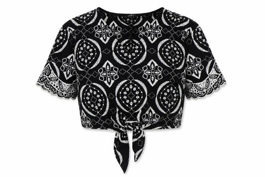 River Island Womens Black Geometric 100% Cotton Basic Blouse Size 8 Round Neck