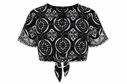 River Island Womens Black Geometric 100% Cotton Basic Blouse Size 8 Round Neck