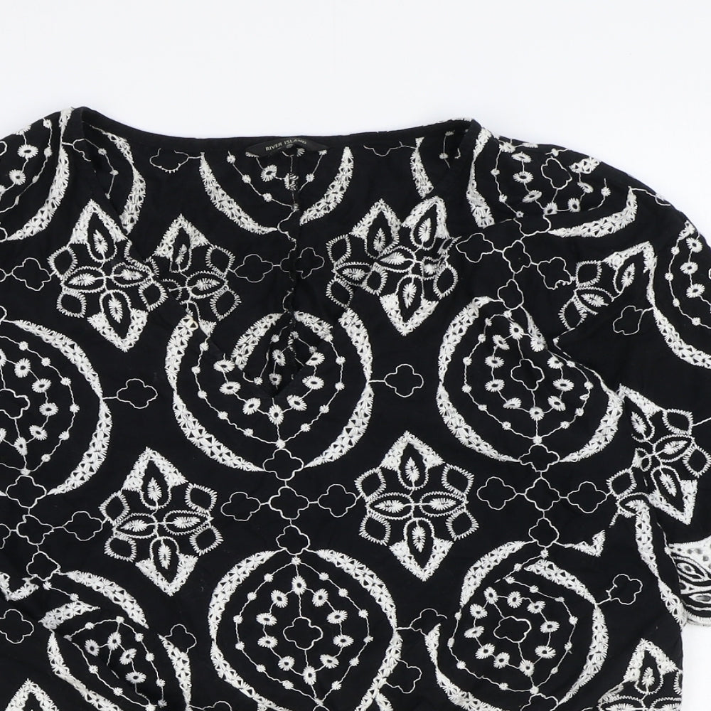 River Island Womens Black Geometric 100% Cotton Basic Blouse Size 8 Round Neck