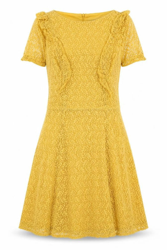 New Look Womens Yellow Floral Nylon A-Line Size 10 Boat Neck Zip