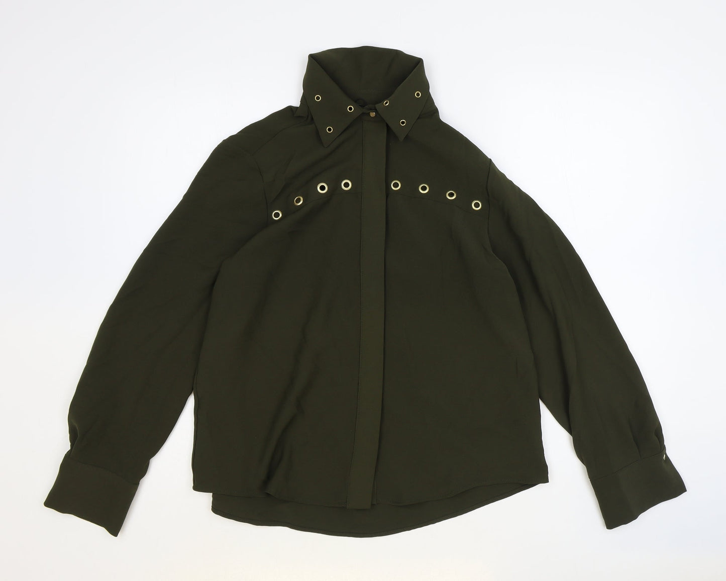 Zara Womens Green Polyester Basic Button-Up Size S Collared