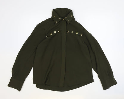 Zara Womens Green Polyester Basic Button-Up Size S Collared