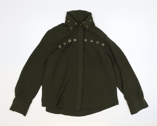 Zara Womens Green Polyester Basic Button-Up Size S Collared