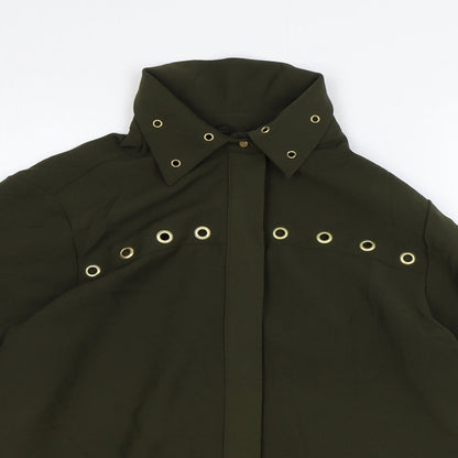 Zara Womens Green Polyester Basic Button-Up Size S Collared