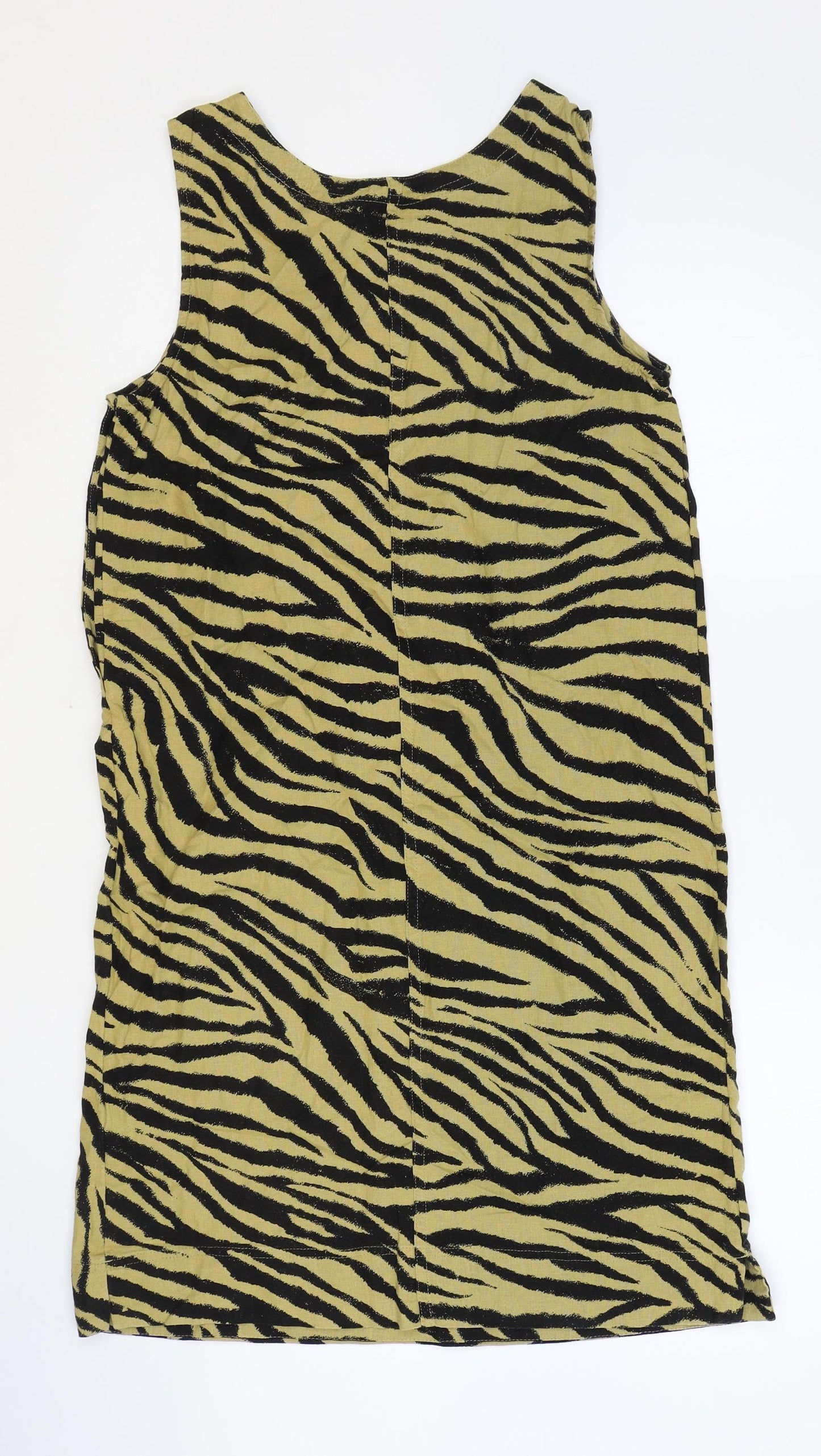 Marks and Spencer Womens Brown Animal Print Linen Shift Size 8 Scoop Neck Button - Tiger Print