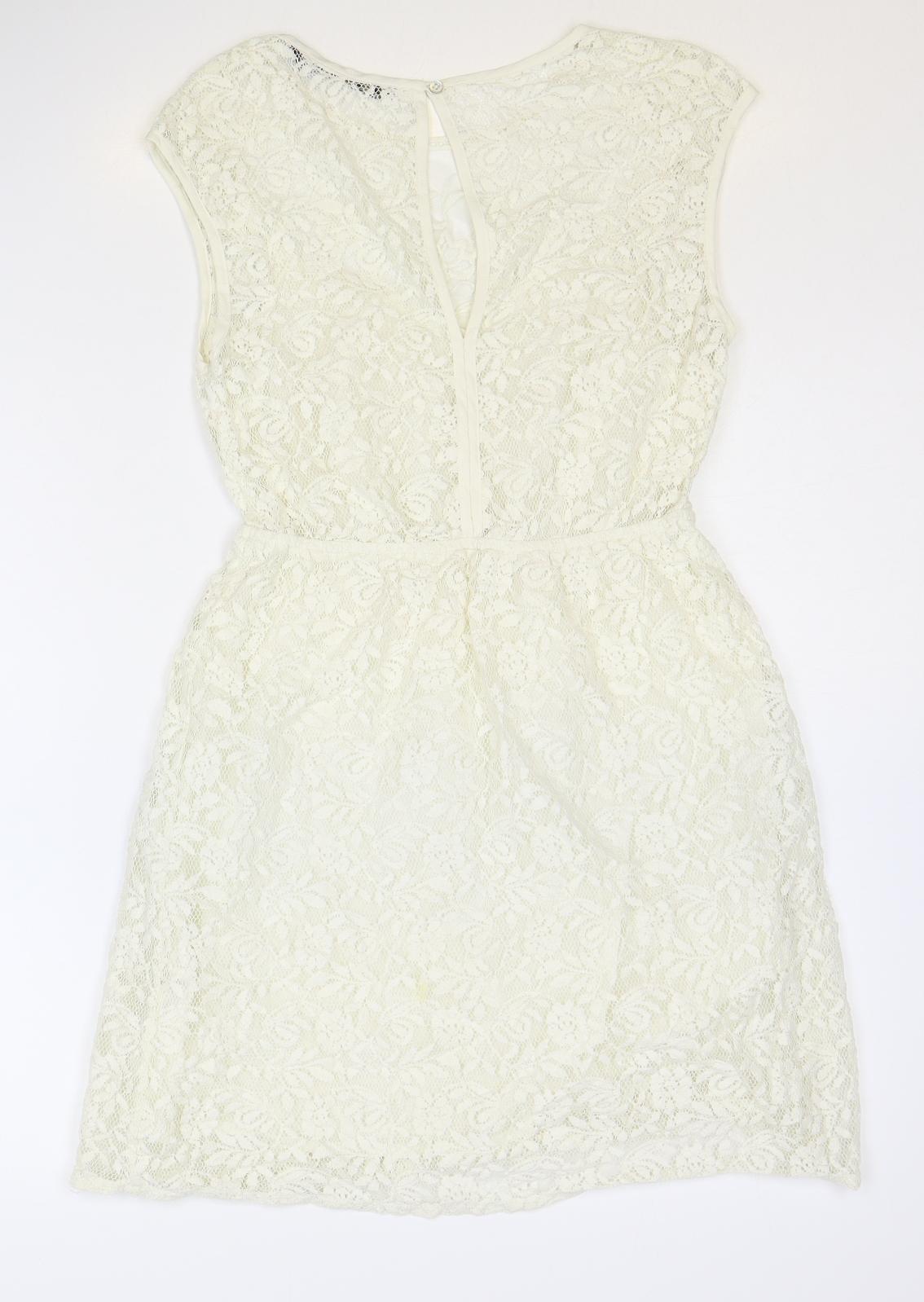 Zara Womens Ivory Floral 100% Cotton Fit & Flare Size S Scoop Neck Button