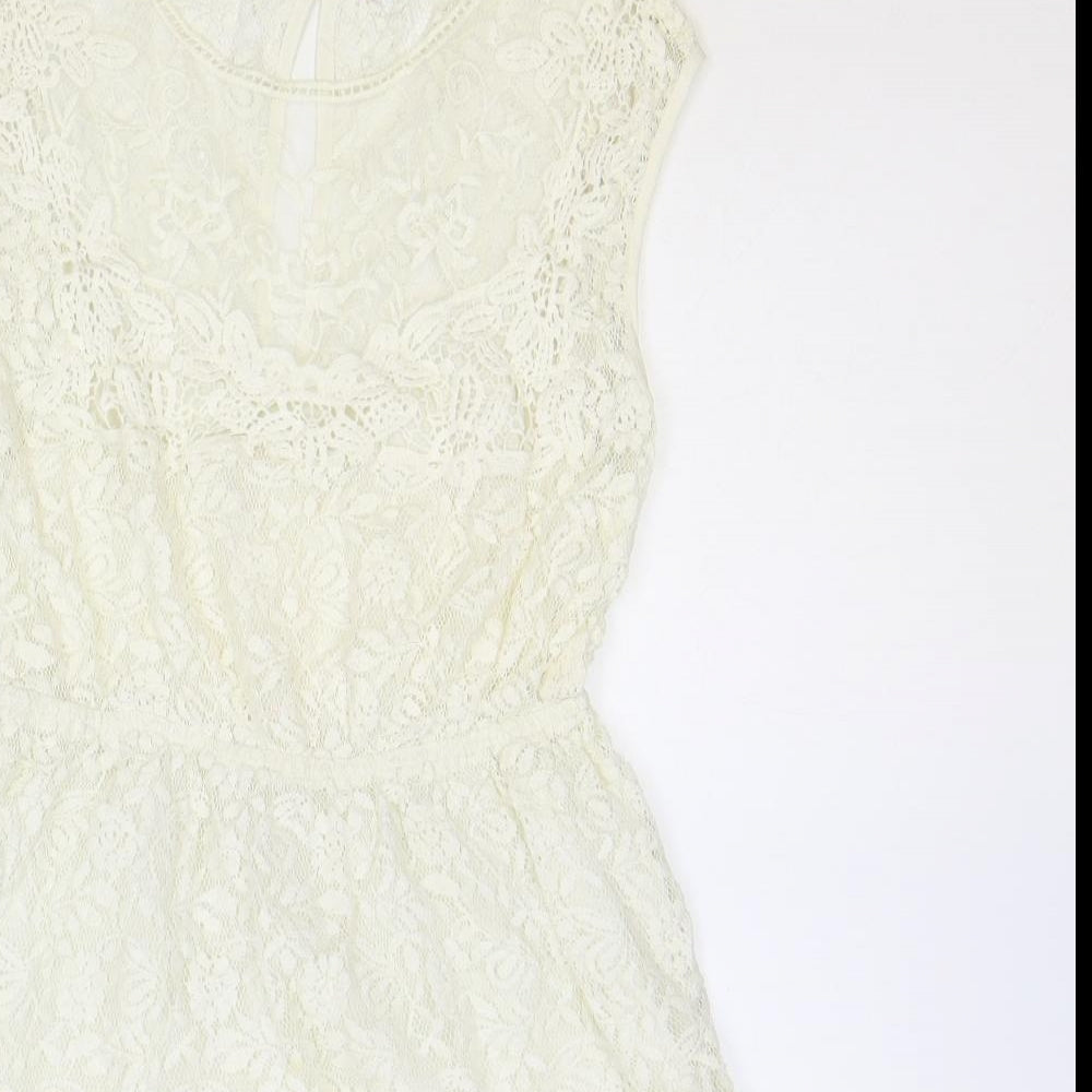 Zara Womens Ivory Floral 100% Cotton Fit & Flare Size S Scoop Neck Button