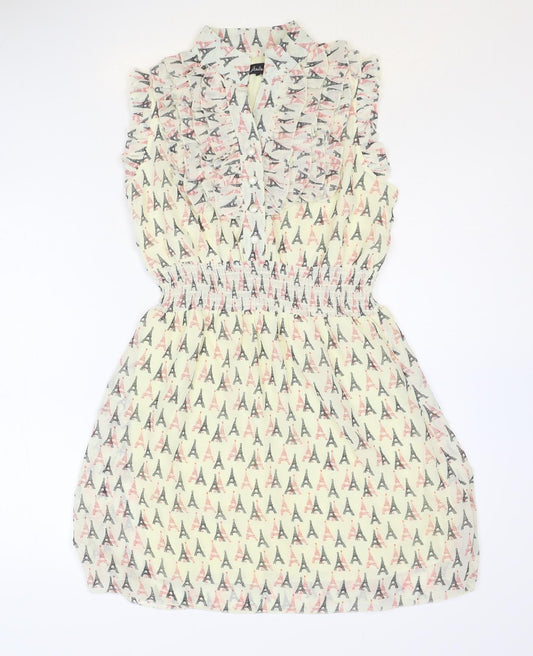Atelier 61 Womens Ivory Geometric Polyester Shirt Dress Size 8 V-Neck Button