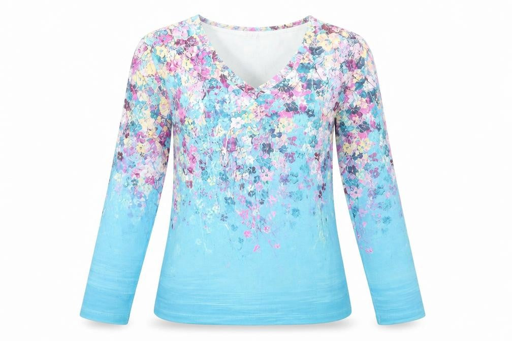Exclusive Womens Blue Floral Polyester Basic Blouse Size S V-Neck