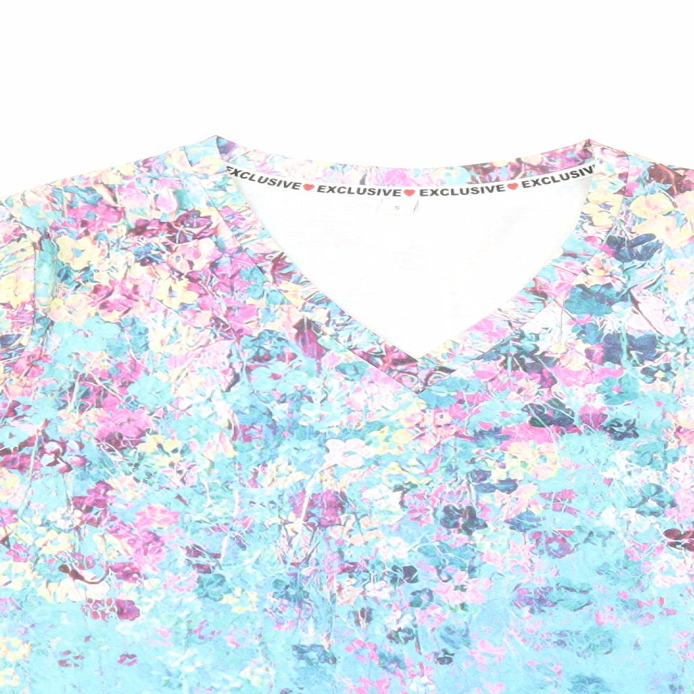 Exclusive Womens Blue Floral Polyester Basic Blouse Size S V-Neck