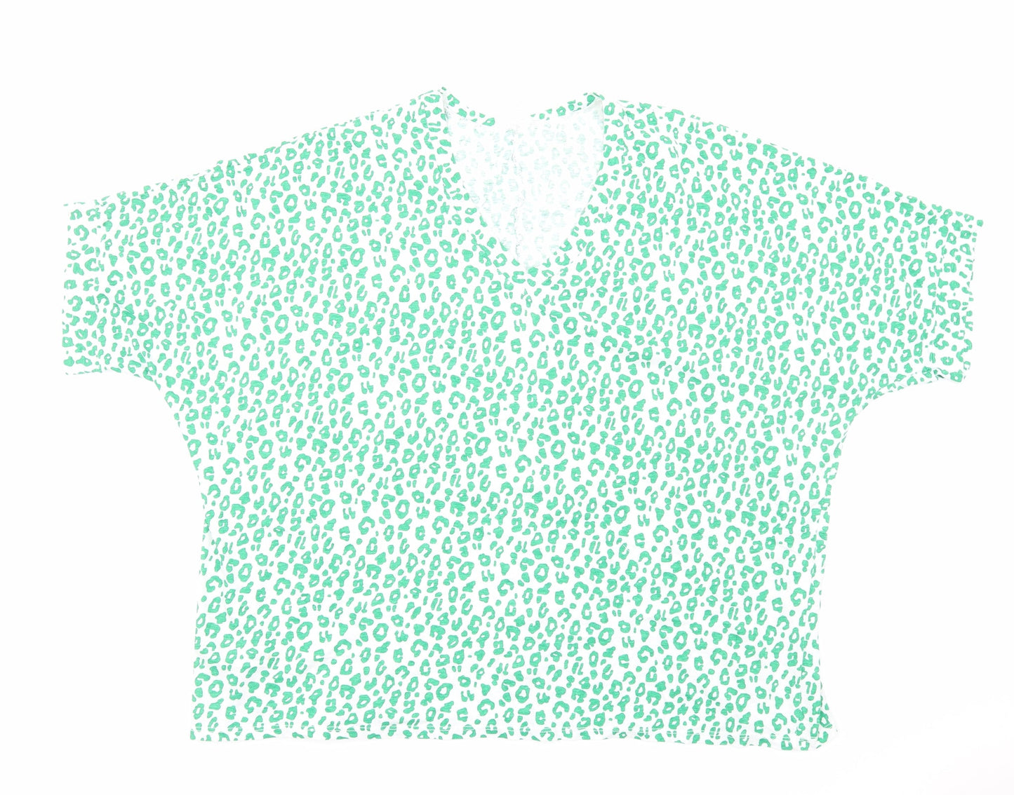 Preworn Womens Green Animal Print Cotton Basic Blouse Size L V-Neck - Leopard Print