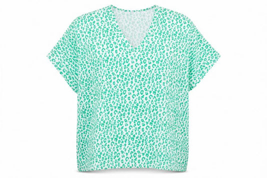 Preworn Womens Green Animal Print Cotton Basic Blouse Size L V-Neck - Leopard Print