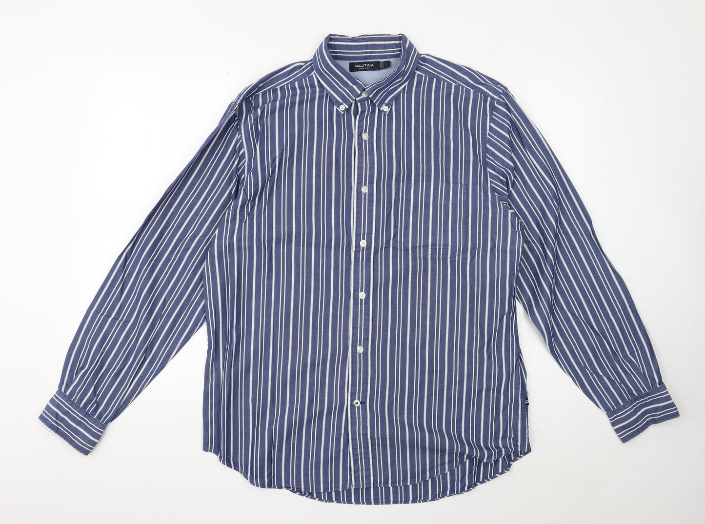 Nautica Mens Blue Striped Cotton Button-Up Size L Collared Button