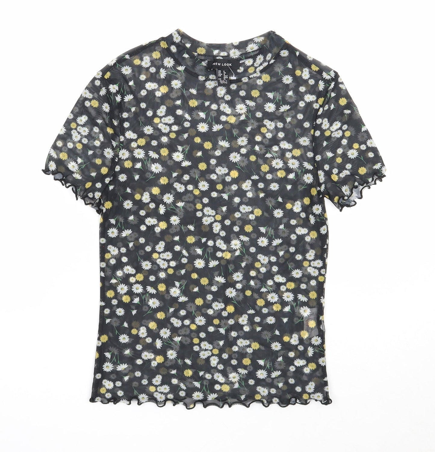 New Look Womens Black Floral Polyester Basic T-Shirt Size 8 Scoop Neck - Daisy