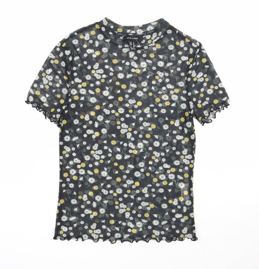 New Look Womens Black Floral Polyester Basic T-Shirt Size 8 Scoop Neck - Daisy