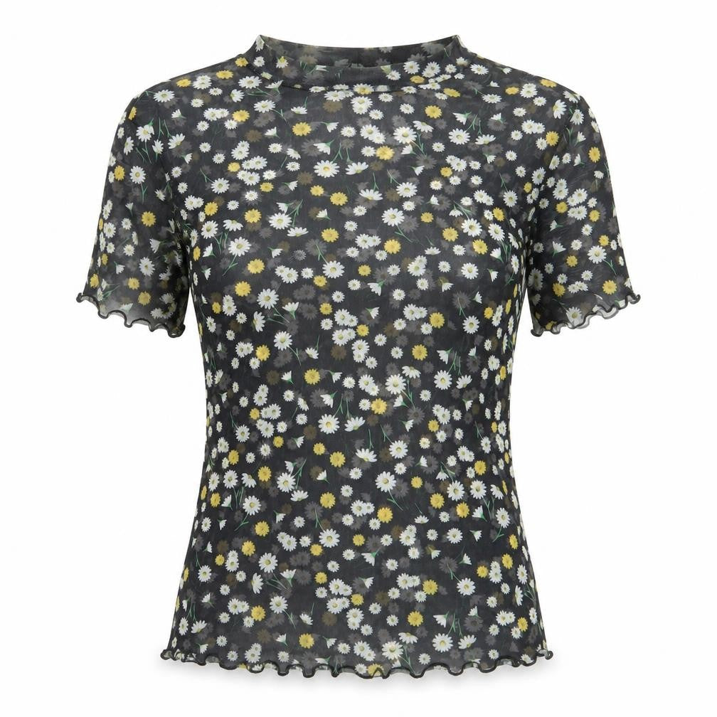 New Look Womens Black Floral Polyester Basic T-Shirt Size 8 Scoop Neck - Daisy