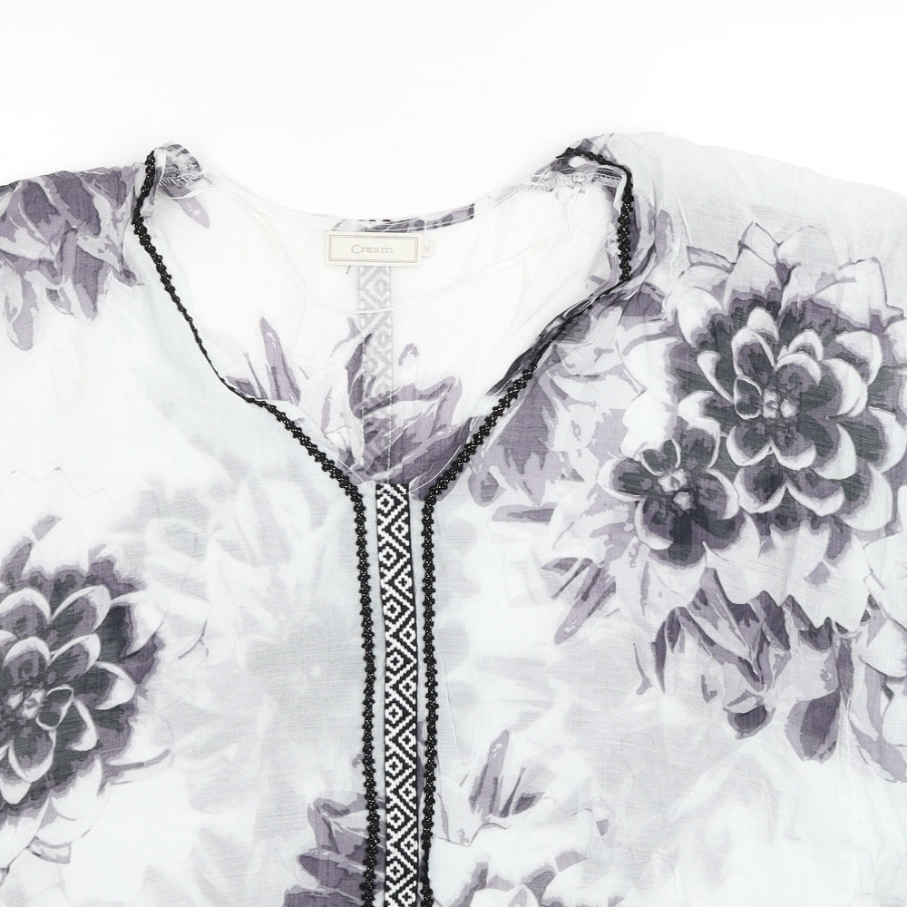 Cream Womens Grey Floral Polyester Basic Blouse Size M V-Neck