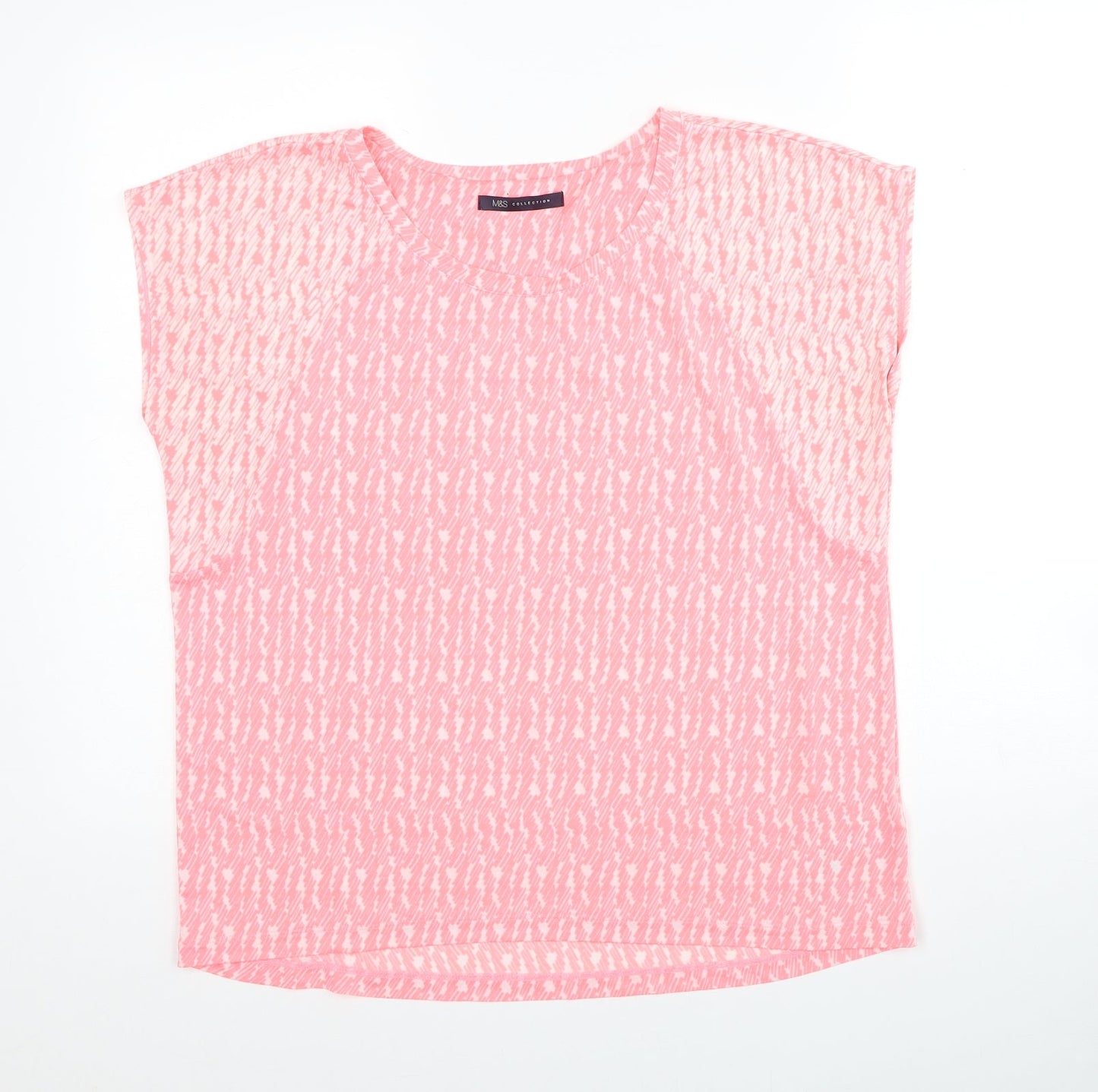 Marks and Spencer Womens Pink Geometric Polyester Basic T-Shirt Size 14 Round Neck