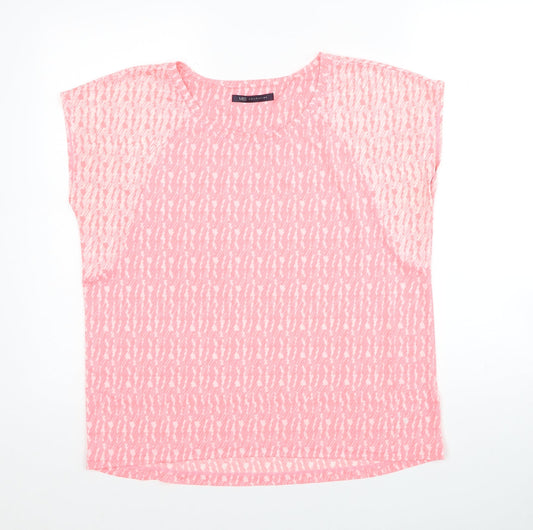 Marks and Spencer Womens Pink Geometric Polyester Basic T-Shirt Size 14 Round Neck