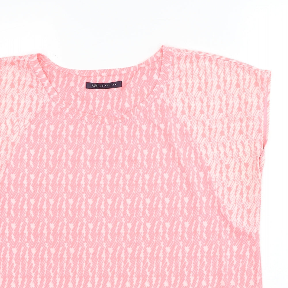 Marks and Spencer Womens Pink Geometric Polyester Basic T-Shirt Size 14 Round Neck