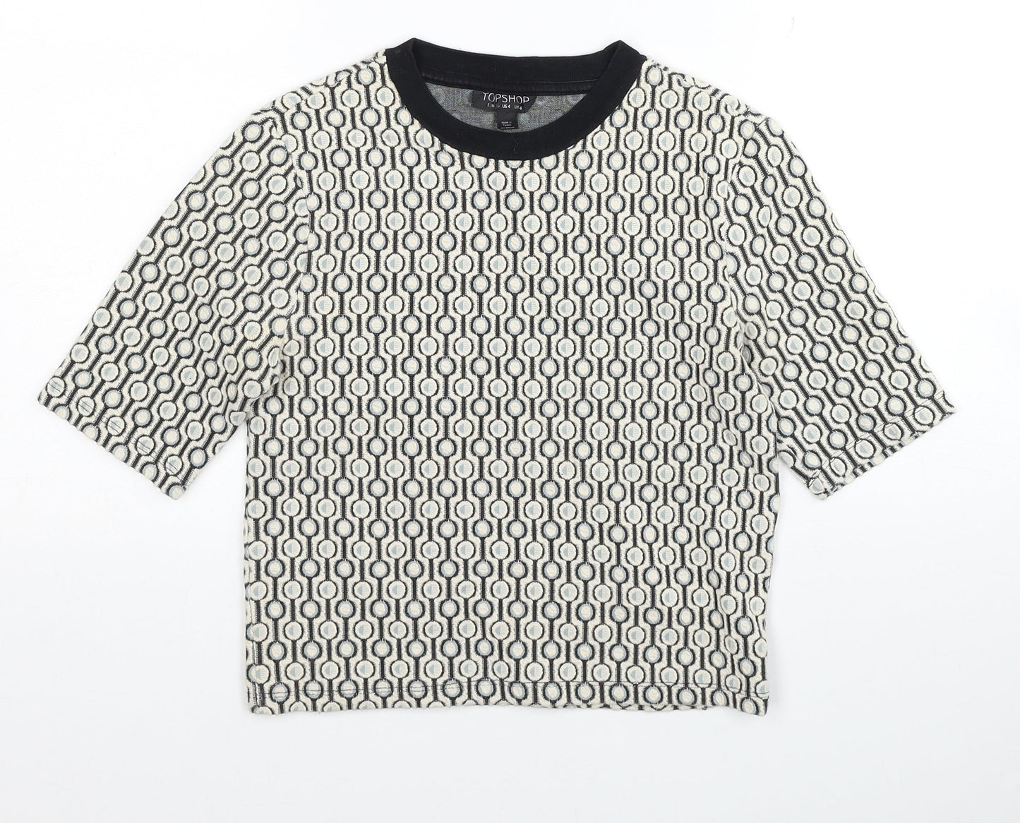 Topshop Womens Multicoloured Geometric Cotton Cropped T-Shirt Size 8 Scoop Neck