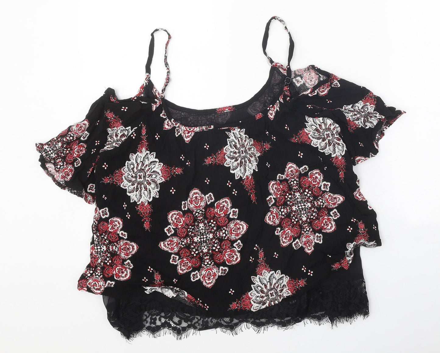 Select Womens Black Geometric Viscose Basic Blouse Size 12 Off the Shoulder