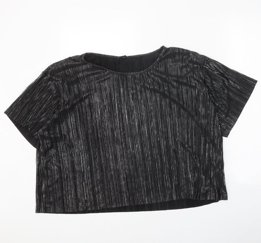 Monki Womens Black Polyester Cropped Blouse Size L Round Neck
