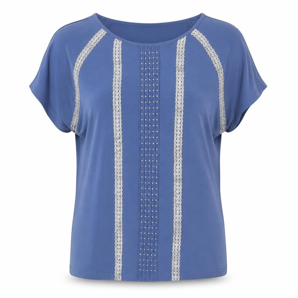 Klass Womens Blue Geometric Polyester Basic Blouse Size L Round Neck