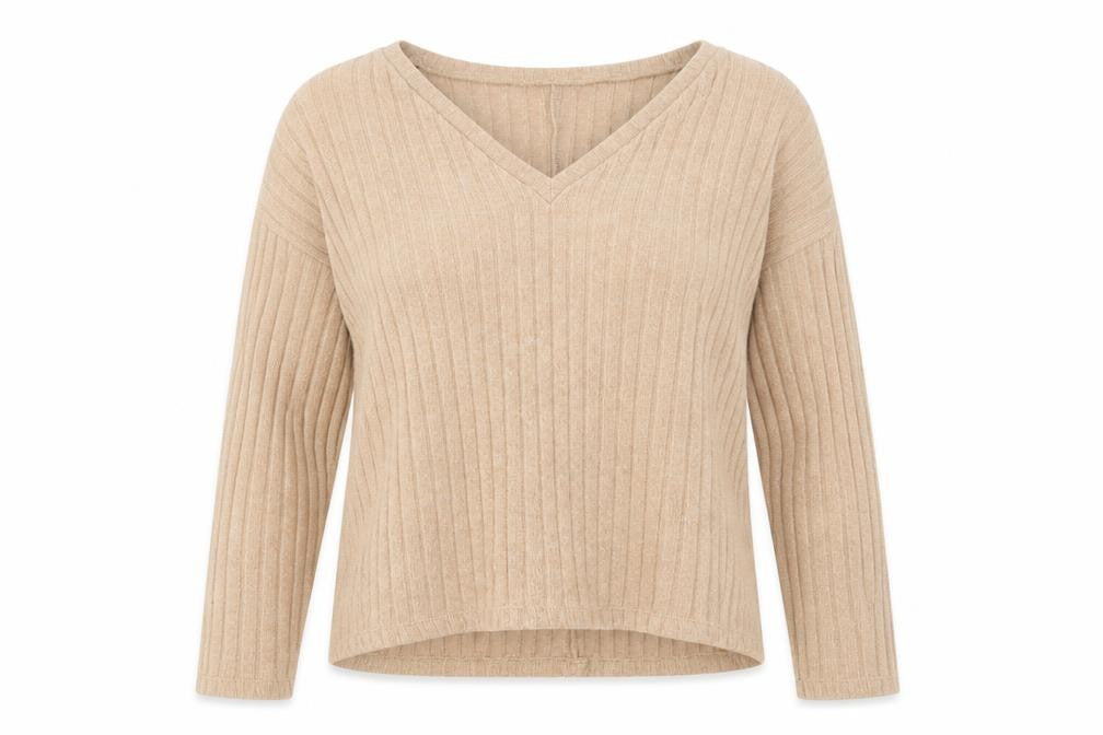 Zara Womens Beige V-Neck Polyester Pullover Jumper Size L - Ribbed