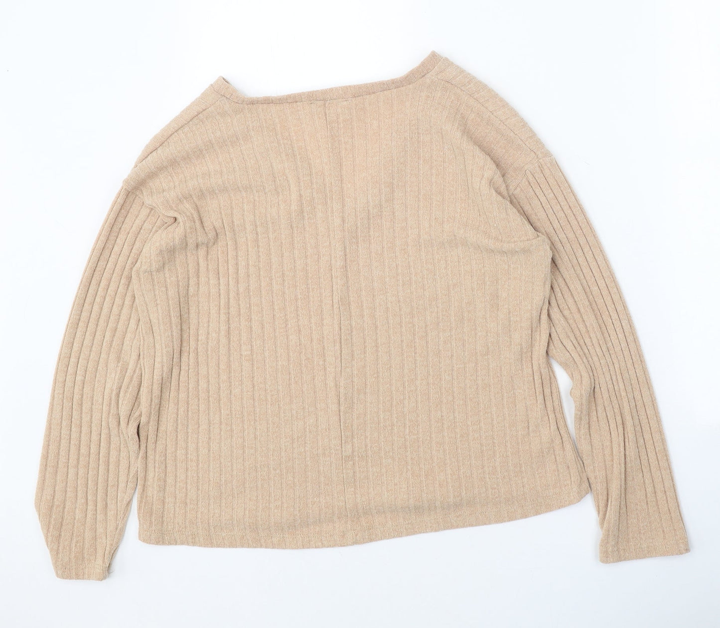 Zara Womens Beige V-Neck Polyester Pullover Jumper Size L - Ribbed