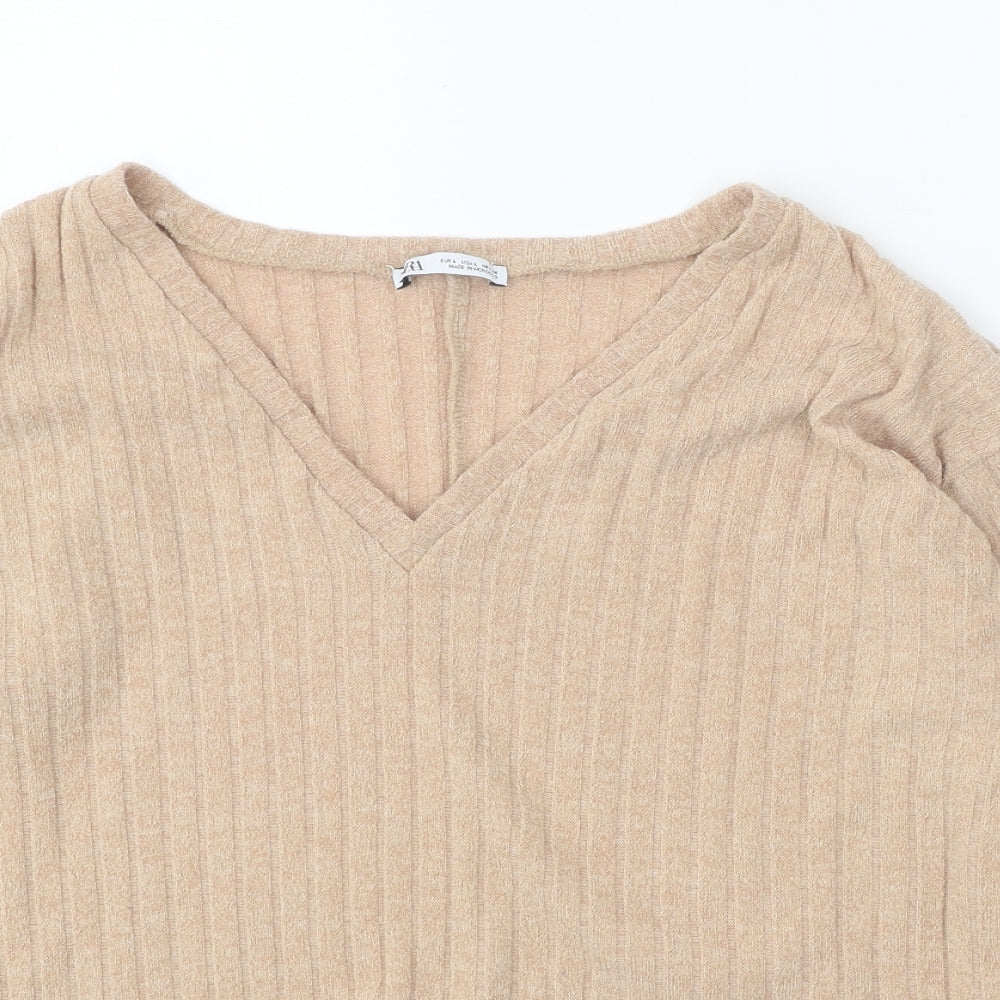 Zara Womens Beige V-Neck Polyester Pullover Jumper Size L - Ribbed