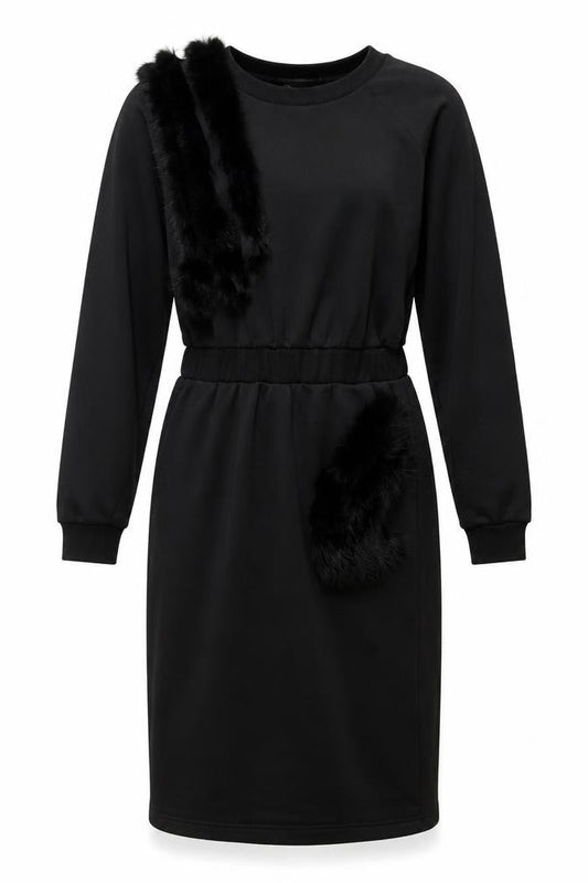 Kaleidoscope Womens Black Polyester Pencil Dress Size M Scoop Neck Pullover - Faux Fur Details