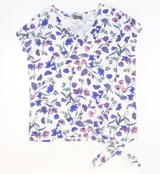 Yessica Womens White Floral Polyester Basic T-Shirt Size XS V-Neck