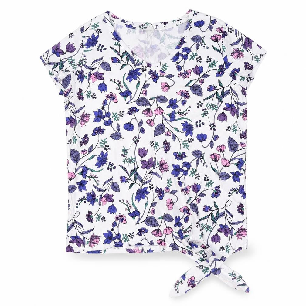 Yessica Womens White Floral Polyester Basic T-Shirt Size XS V-Neck