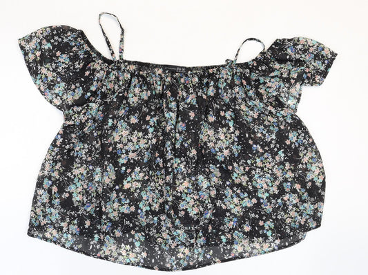 Atmosphere Womens Black Floral Polyester Cropped Blouse Size 10 Boat Neck