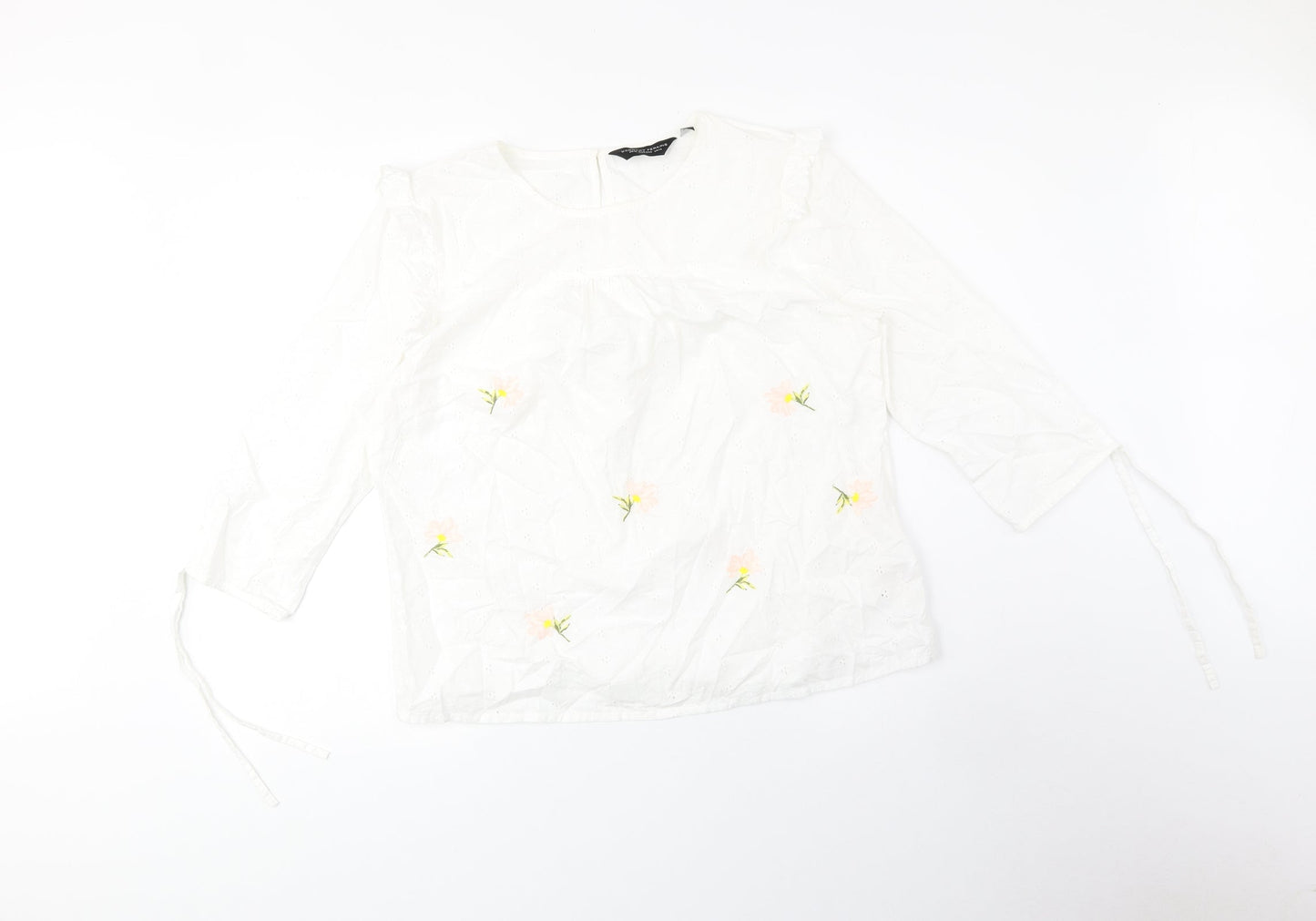 Dorothy Perkins Womens White Floral Polyester Basic Blouse Size 14 Boat Neck - Sleeve Tie Detail